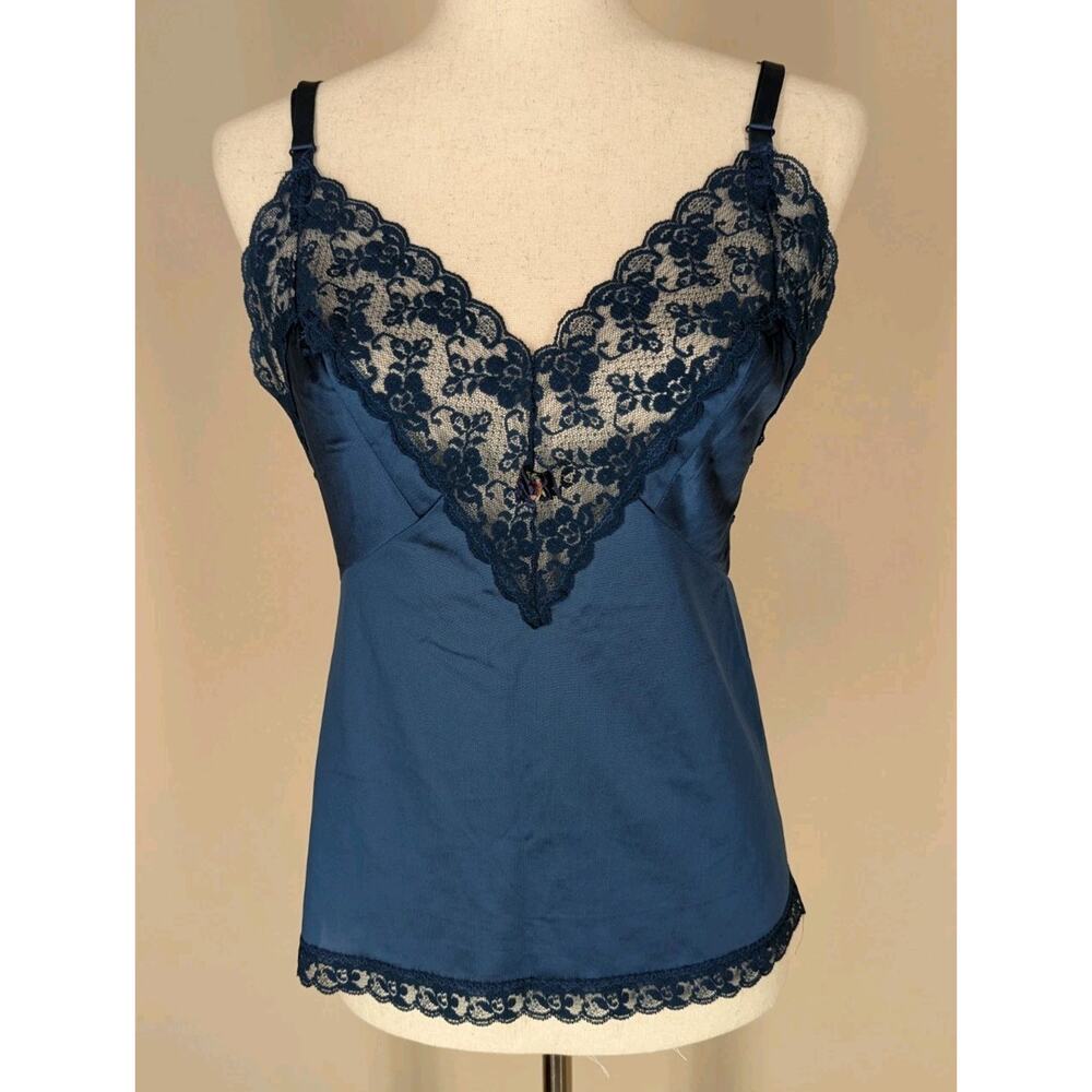 Vintage Women's Medium Teal Blue Satin Lace Camisole Tank Top Made in USA
